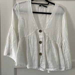 ZARA White Linen Babydoll Blouse